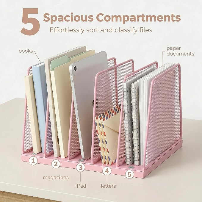 5-Section Vertical File Organizer for Desk, Sturdy Wood Base & Metal Mesh Desktop File Holder, Upright Paper Folder Sorter for Office Supplies（Pink）
