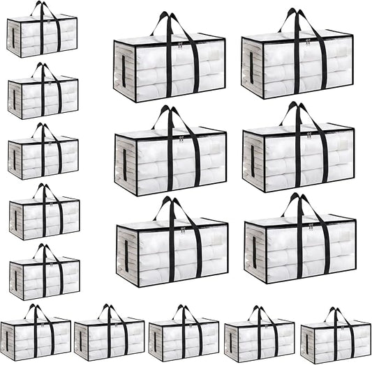 16 Pack-Extra Large Heavy Duty Moving Bags - Waterproof Storage Totes with Handles & Zippers, Foldable for College Dorm, Storage (Clear)