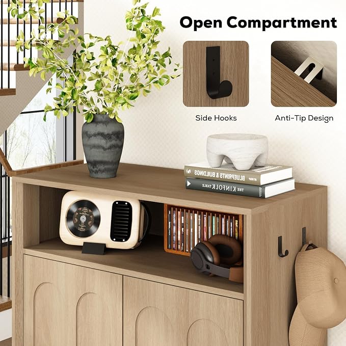 Set of 2 Shoe Cabinet with Arched Doors, 43" Hidden Storage, Oak | Tall Large, Adjustable Shelves, 5-Tier Mid Century Modern Shoe Rack Organizer, for Entryway Hallway Living Room