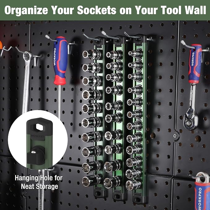 WORKPRO Magnetic Socket Organizer, Heavy Duty 1/2-Inch Drive Socket Rail | 1 Piece Socket Holder with 10 Spots, Aluminum Alloy, Rotatable & Movable Clips, Efficient Organization