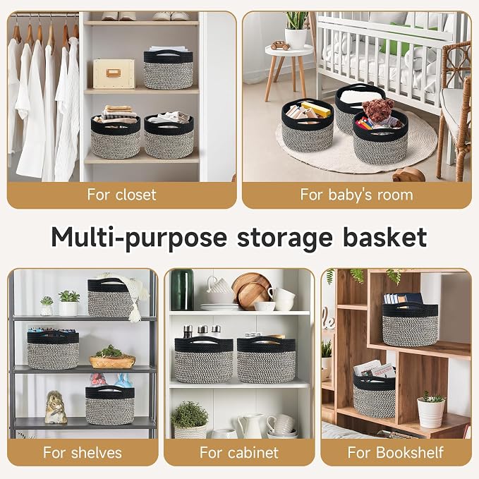 3 Pack Small Rope Storage Baskets, 9.82×9.82×7.1", Brown+Black | Cotton Basket for Gifts Empty, Cute Round Woven Basket, Decorative Shelf Basket Organizer, Organizing Basket for Shelves