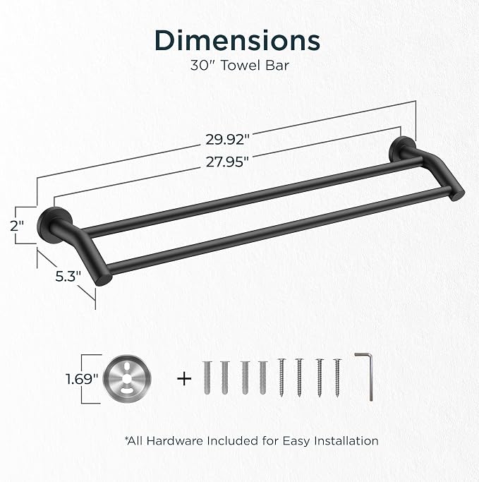 FORIOUS Double Towel Bar 30", Bathroom Towel Holder Rod Wall Mounted Black | Heavy Duty Towel Racks for Bathroom Bedroom, Space Saving, Rustproof, Stainless Steel Towel Holder, Total Length 32 Inch