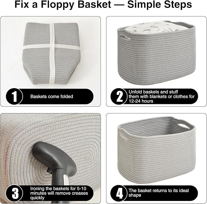 ICERZCZ Woven Cotton Rope Storage Baskets for Organizing & Shelves, Organization Bins for Dog Toys, Clothes, Books, Nursery Organizer, 15"x11"x9", Grey (4 Packs)