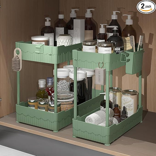 Sevenblue 2-Pack Under Sink Organizer with Hooks & Hanging Cup for Kitchen | Multi-use kitchen & bathroom storage, 14.8 inch green cabinet organizer, with hooks and hanging cup for easy access.