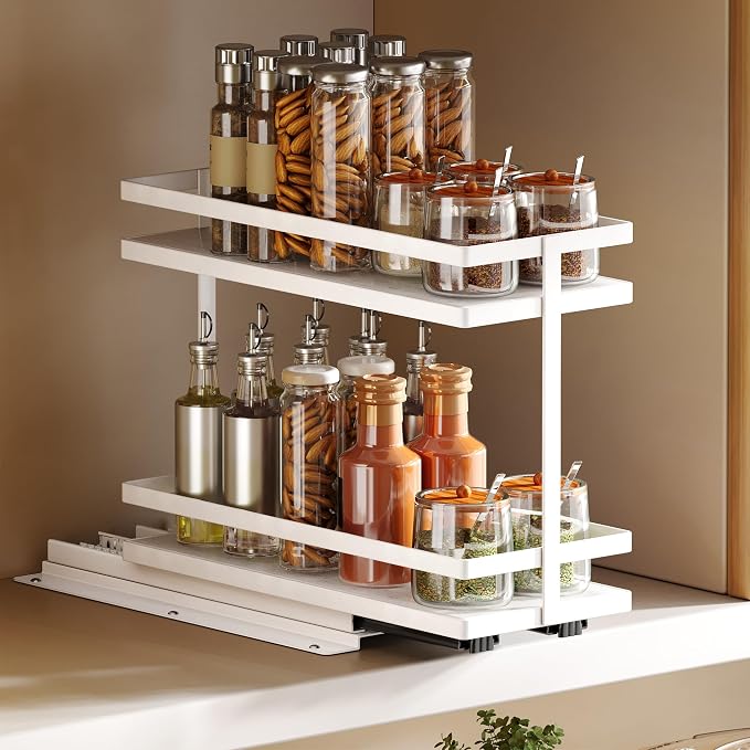 Pull Out Spice Rack 2-Tier Metal & Wood Seasoning Organizer White | No-Drill Install | Full-Extension Silent Glide | Each Tier Holds 10–12 Standard Spice Bottles | Rustproof, Wipe-Clean Surface