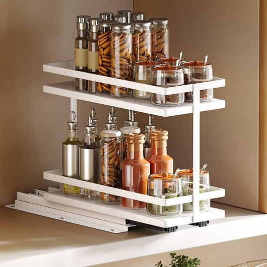 Pull Out Spice Rack 2-Tier Metal & Wood Seasoning Organizer White | No-Drill Install | Full-Extension Silent Glide | Each Tier Holds 10–12 Standard Spice Bottles | Rustproof, Wipe-Clean Surface