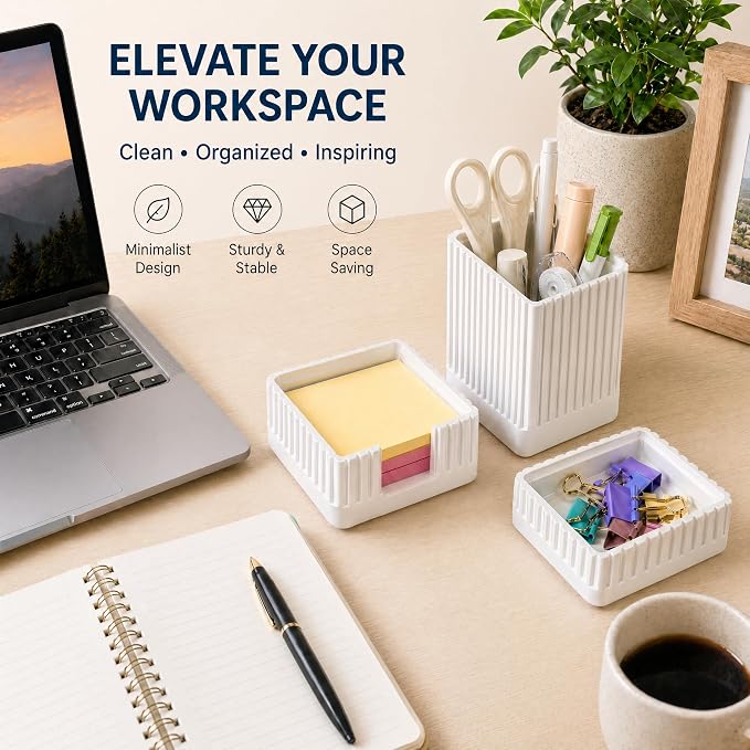 Desk Organizer Set of 3 for Office Accessories - Includes Pen Holder, Paperclip Storage, and Sticky Note Holder - Aesthetic Concrete Desktop Accessories for Women or Men, Office Decor (White)