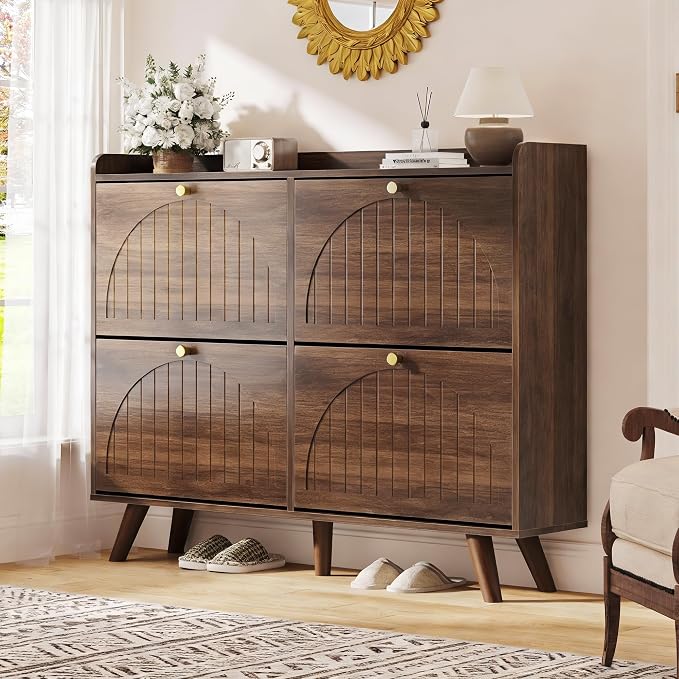 Decofy 47.2” Shoe Cabinet with 4 flip-Down Drawers, Three Adjustable Levels, freestanding Wooden Shoe Rack, Suitable for entryway, Hallway, and Living Room (Walnut) | 47.2''W; 4 Flip-Down Shoe Storage Drawers; 3 Adjustable Shelves; Narrow Entryway Desi...