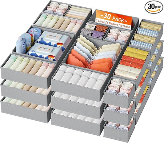 DIMJ Drawer Organizer Clothes, 30 Pack Dresser Organizer, Foldable Closet Organizers and Storage, Fabric Dresser Bins, Drawer Dividers for Nursery, Baby Clothes, Underwears, Sock,Gray