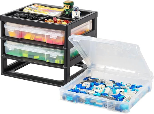 IRIS USA Desk Organizer |Made in USA| 3-Tier Cases - Black/Clear | Fits 12"x12" Paper, Built-In Handles, Storage Unit with Supply Top for Craft, Art, Office Supplies, Pens & Pencils
