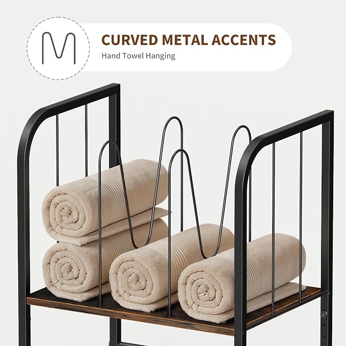3-Tier Towel Rack, Freestanding Bathroom Storage | Sturdy Metal Frame, Wood Shelves, Wire Basket, Curved Towel Bar, Space-Saving Vertical Organizer for Bathroom, Laundry & Pool