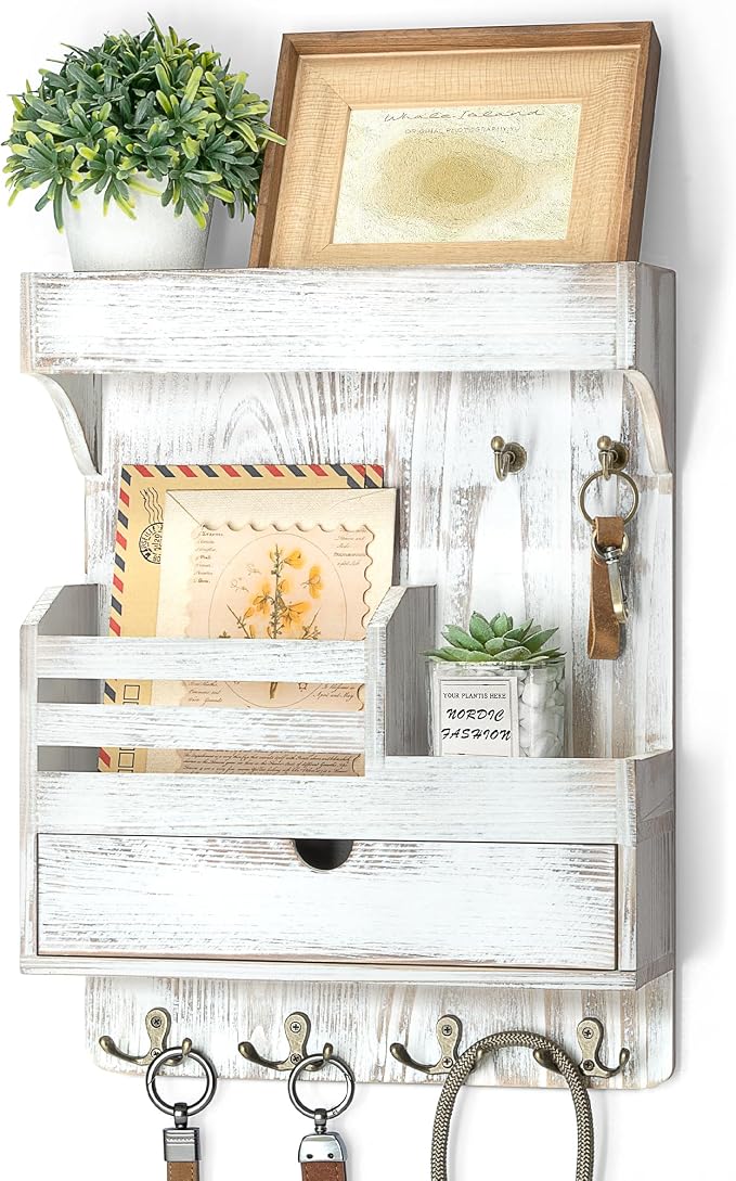 Rebee Vision Key Holder Wall Mount with Drawer for Home Decor, Whitewash | Pine Wood, Key Holder for Wall, 6 Rustic Hooks, Floating Shelf, Drawer Organizer, Mail Organizer, Chic Home Decor, Storage