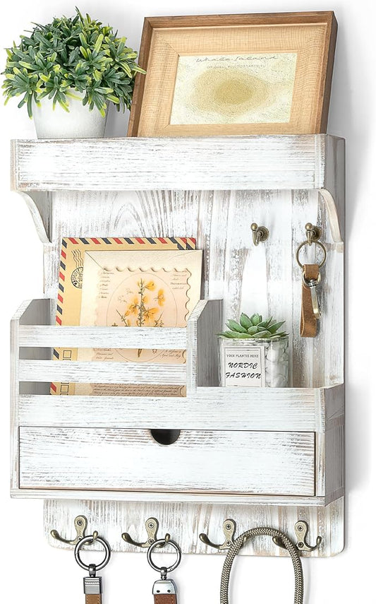Rebee Vision Key Holder Wall Mount with Drawer for Home Decor, Whitewash | Pine Wood, Key Holder for Wall, 6 Rustic Hooks, Floating Shelf, Drawer Organizer, Mail Organizer, Chic Home Decor, Storage