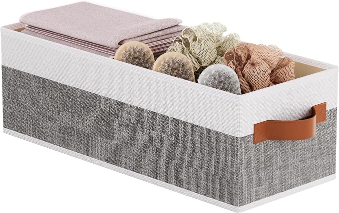 Storage Basket Container,White/Gray Box,15x6x5 In,1-Pack | Sturdy Fabric Storage Bins, Collapsible Cubes Containers for Bathroom Organizing, Decorative Linen Clothes Organizer