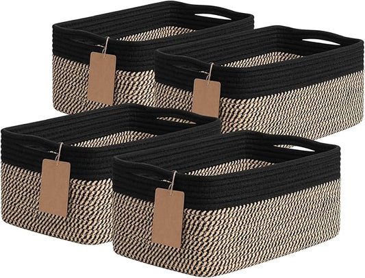 Goodpick 4 Pack Wicker Storage Baskets for Shelves, Black & Jute | 13" x 8" x 6", Rectangle Design, Decorative Gift, Baby Toys, Books, Magazines Storage, Nursery & Home Organization