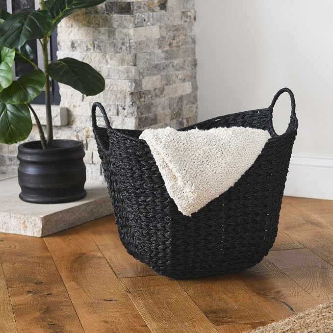 Household Essentials Handwoven Paper Rope Storage Basket with Metal Frame and Handles, Black