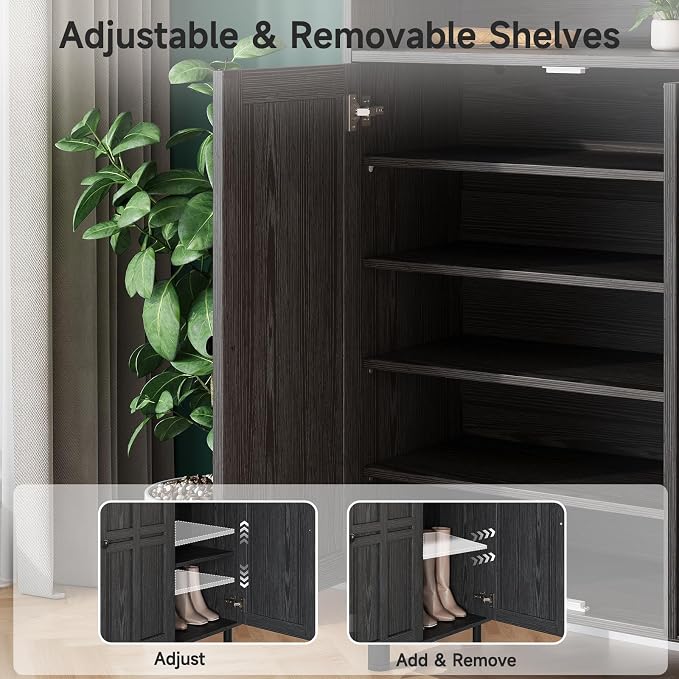Shoe Storage Cabinet with 3 Doors, 8-Tier Shoe Cabinet with 5 Adjustable Shelves and Metal Legs, 40'' Tall Shoe Rack Organizer Cabinet for Entryway, Front Door, Black