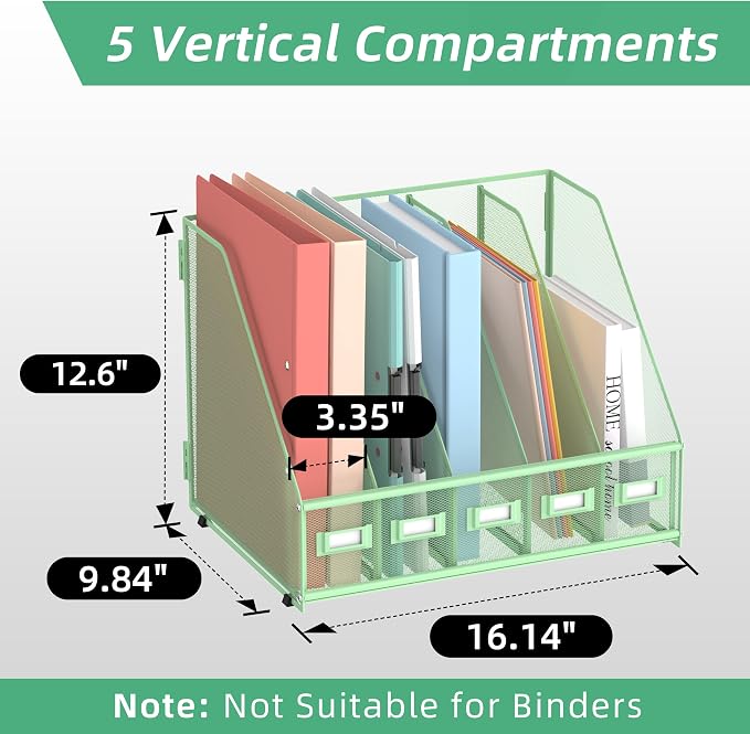 SUPEASY Desk Organizers Metal Desk Magazine File Holder with 5 Vertical Compartments Rack File Organizer for Office Desktop, Classroom, Home Workspace, Green