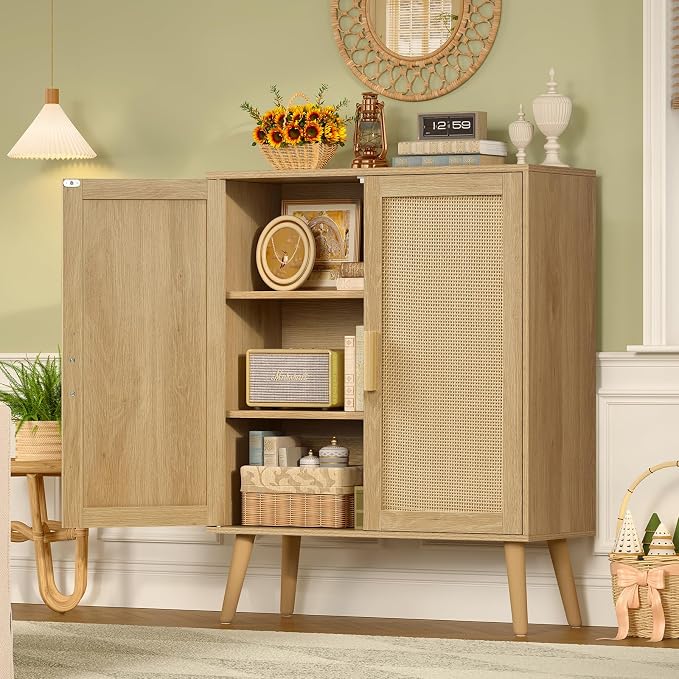 Iwell Storage Cabinet with 2 Shelves, Rattan Cabinet with 2 Doors, Sideboard Buffet Cabinets with Storage for Living Room, Dining Room, Entryway, Natural