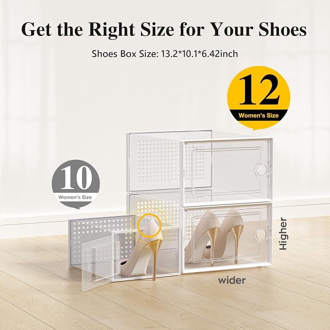 Kuject X-Large Shoe Storage Boxes 12 Pack, Clear Stackable Shoe Organizer | Shoe Case for Closet, Entryway & Under-Bed Storage, Drop-Front Design, Space-Saving Solution for Family Organization,White