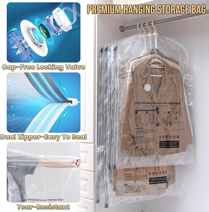 TAILI Hanging Vacuum Storage Bags with Electric Pump, Vacuum Seal Bags for Clothing Travel, Space Saving Hangers for Clothes, Suits, Coats and Jackets, Set of 6 (3 Long, 3 Short)