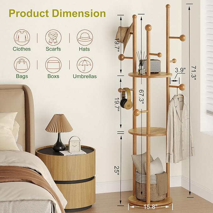 FROMJBEST Coat Rack Freestanding,Coat tree Entryway,Mid-Century,Nature Wood | Freestanding, Solid Wood, 9 Hooks & 3 Shelves, for Entryway, Hallway, Bedroom, Living Room, Office, Holds Bags, Hats, Purses