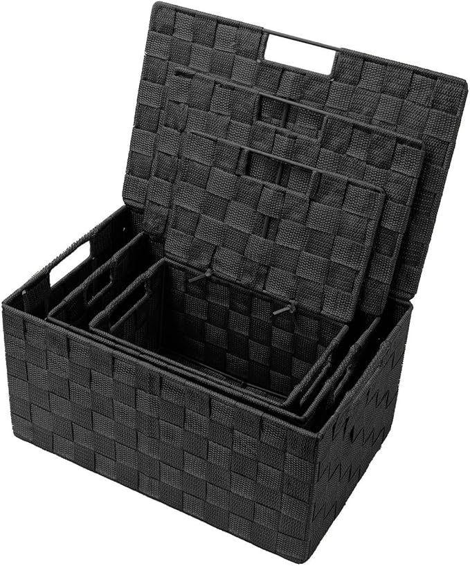 Sorbus Set of 3 Black Woven Storage Baskets with Lids – Mesh Hand-Woven Bins for Closet, Shelf, and Linen Organization – Variety Pack