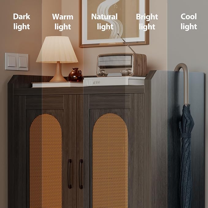 6-Tier Shoe Cabinet Storage for Entryway, Rattan Shoes Organizer Cabinets with Doors, Wooden Shoe Rack, Farmhouse Boho Wood Storage Cabinet (Black, 6-Tier)