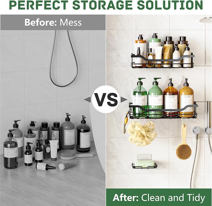 OMAIRA 3-Pack Shower Caddy with Soap Holder, Adhesive Rustproof No-drill Strudy Loading Inside Shower Organizer Shelves Rack Storage Bathroom Organization for Smooth Wall Glass Tile, Black (X-Large)