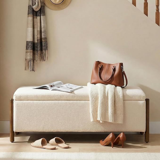 Usaint Wooden Storage Ottoman Bench, 47" Fabric Upholstered End of Storage Bench with Rubberwood Legs, Entryway Bench with Storage for Bedroom, Living Room, Reception, Cloakroom, Beige
