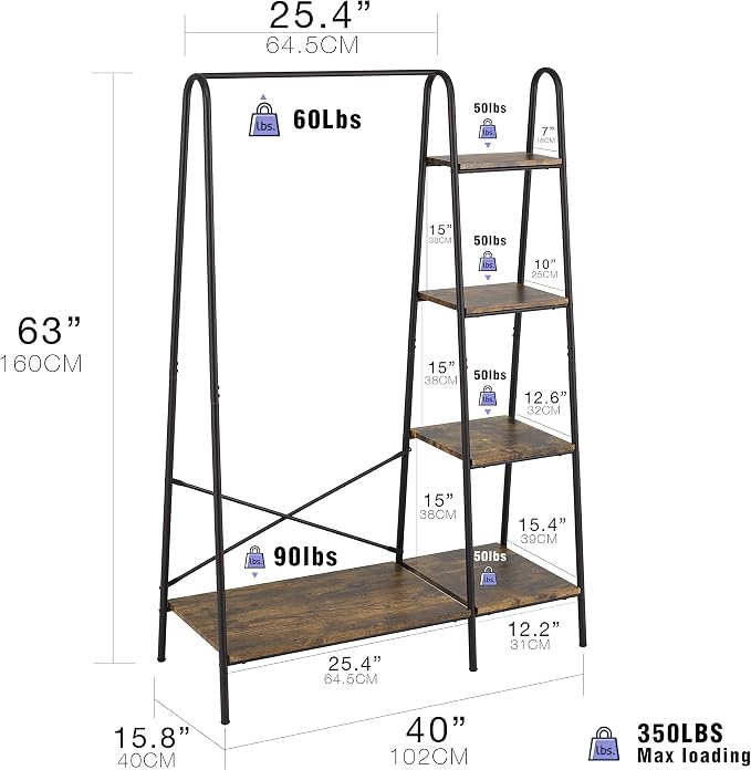 Finnhomy Rustic Clothes Rack, Clothing Rack for Hanging Clothes Heavy Duty Garment Rack with 5 Wood Shelves Freestanding Portable Closet Organizer for Bedroom/Entryway/Boutiques，Matte Black