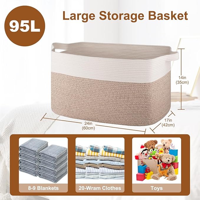 Extra Large Laundry Basket, 95L Blanket Basket for Living Room, Cotton Rope Toy Storage for Kids, Woven Baskets for Clothes, Towels, Pillows, 24" x 17" x 14", Brown and White