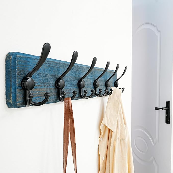 Coat Rack Wall Mounted - 24" Long 6 Tri Hooks, Heavy Duty Wooden Wall Coat Hanger Coat Hook for Clothes Hat Jacket Clothing, Weathered Blue and Black, Pack of 2