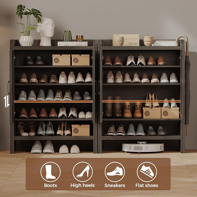 6-Tier Shoe Cabinet Storage for Entryway, Rattan Shoes Organizer Cabinets with Doors, Wooden Shoe Rack, Farmhouse Boho Wood Storage Cabinet (Black, 6-Tier)