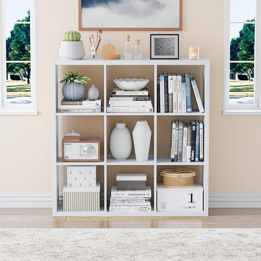 VDNEND Cube Storage Organizer Bookcase, Decorative 11 inch Open Back Cubical Shelf with Thickened Border, Display Bookshelf for Living Room, Home Office, Sturdy Room (White, 9 Cube)