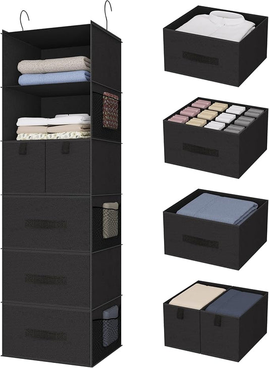 6-Shelf Hanging Closet Organizer with 5 Drawers, Non-Woven Storage, Black | Spacious compartments sort clothes & undergarments; foldable drawers add hidden storage for closets, wardrobes or RVs.