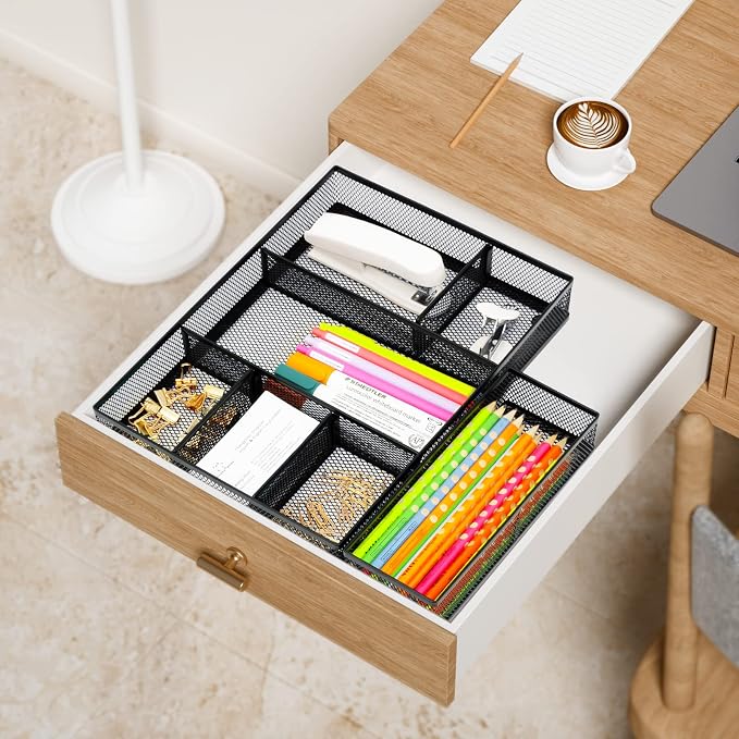 Neudeco Desk Drawer Organizer, 4 Pack Metal Mesh, Black | Adjustable Dividers, Stackable, Pen Organizer, Office Supplies Organizer
