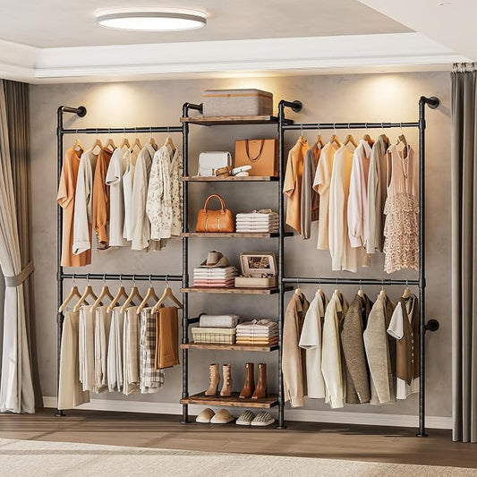 T1 Wall Mounted Closet System, Industrial Pipe Clothing Rack with 6 Wooden Shelves & 4 Telescopic Rods, Heavy Duty Closet Organizers and Storage in Wardrobe Closet (Rustic Brown)
