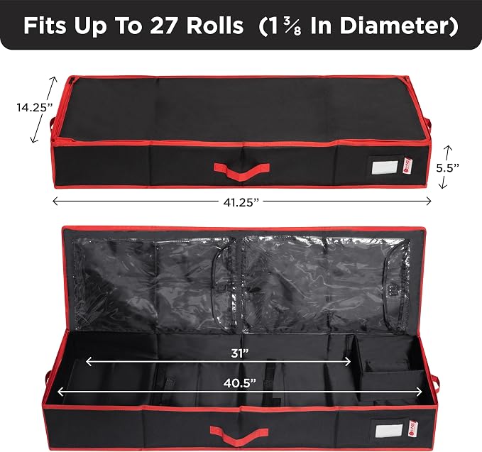 HOLDN’ STORAGE Premium Wrapping Paper Storage Container, Black | Durable 600D Tear-Proof, Fits 27 Rolls Gift Wrap, Extra Pockets for Ribbons & Bows, Underbed Storage