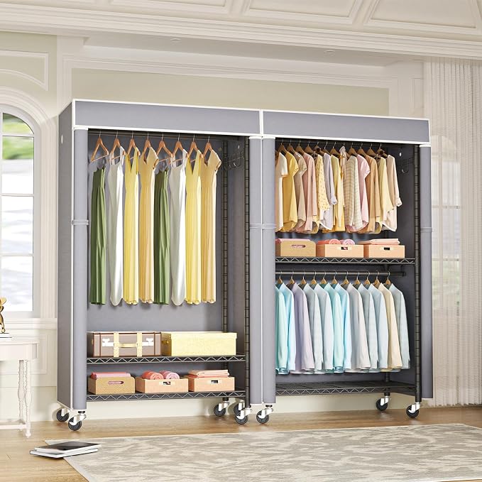 Black Clothing Rack with Grey Cover, P1C Rolling Closets with Wheels, Metal Garment Rack for Hanging Clothes, Clothing Storage Wardrobe, 36.2" W x 16.5" D x 80.5" H, Load 450 Pounds