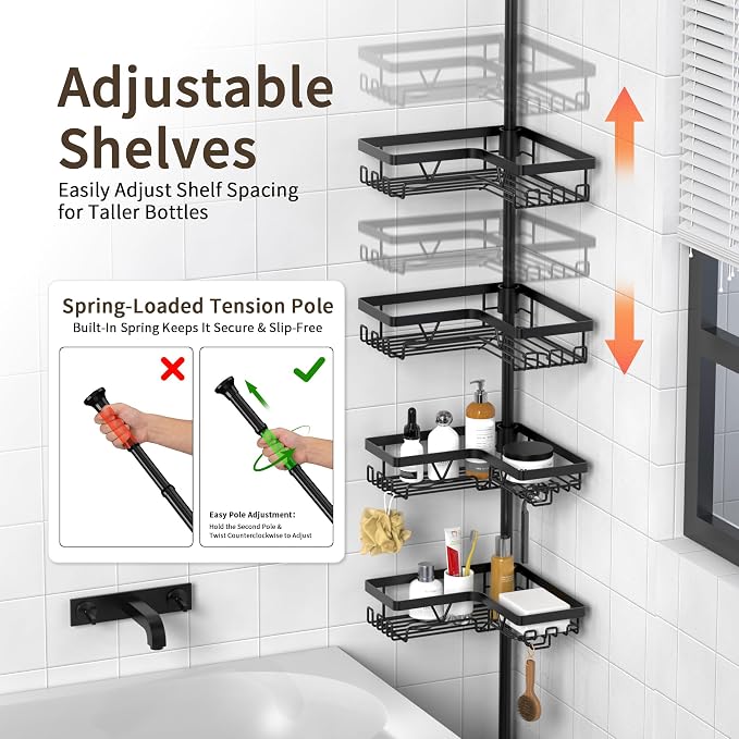 KEGII Corner Shower Caddy Tension Pole - Shower Tension Rod Organizer, Floor to Ceiling Shower Caddy 25-114.2 inch, Towel Rack Corner Waterproof, Black | 28 Hooks with Soap and Razor Holders, Heavy Duty 4-Tier Shelves for Family Bathtubs and Renters, A...