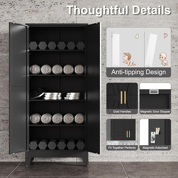 71" H Black Metal Storage Cabinets,Garage Storage Cabinet,Tall Pantry Cabinet with Doors,Kitchen Food Storage Cabinet,Farmhouse Storage Cabinets for Kitchen, Dining Room