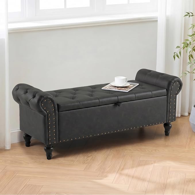 51" Storage Bench for Bedroom, Upholstered Ottoman Bench, Leather DarkGray | End of Bed Bench for Bedroom, Window Benches for Living Room, Entryway, Ottoman with Large Storage Space, Pet Friendly