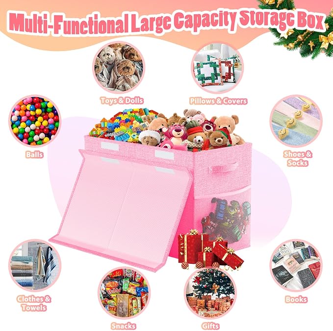Large Toy Storage Box with Lid & Dividers, Collapsible Kids Toy Chest, Pink | Toy Box for Boys, Girls, Nursery, Bedroom, Living Room, Playroom, 25 x 13 x 16 inches