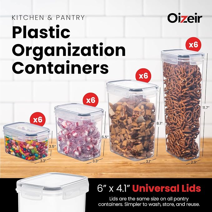 Oizeir Airtight Food Storage Containers with Lids 24-Pack, Pantry Kitchen | 24-Pack BPA-Free Airtight Plastic Food Containers, Snap Lids for Pantry Kitchen, Flour Sugar Rice Cereal Pasta, Clear