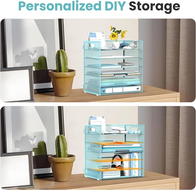 Daltack 6-Tier Paper Organizer for Desk with Handle, Blue, 2 Pack | Sturdy Metal Mesh Organizer with Movable Middle Trays and a Carry Handle for Papers, Folders and Office Supplies