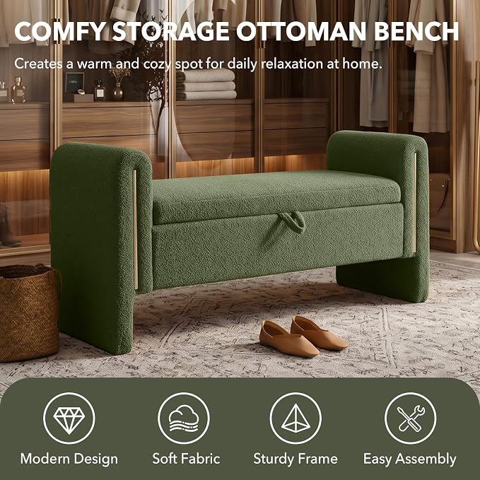 52" Flip-Top Storage Ottoman Bench, Teddy Entryway Bench (Green) | Teddy Fleece Upholstered End of Bed Bench with Armrests, Soft Padded Window Bench for Living Room Bedroom Entryway