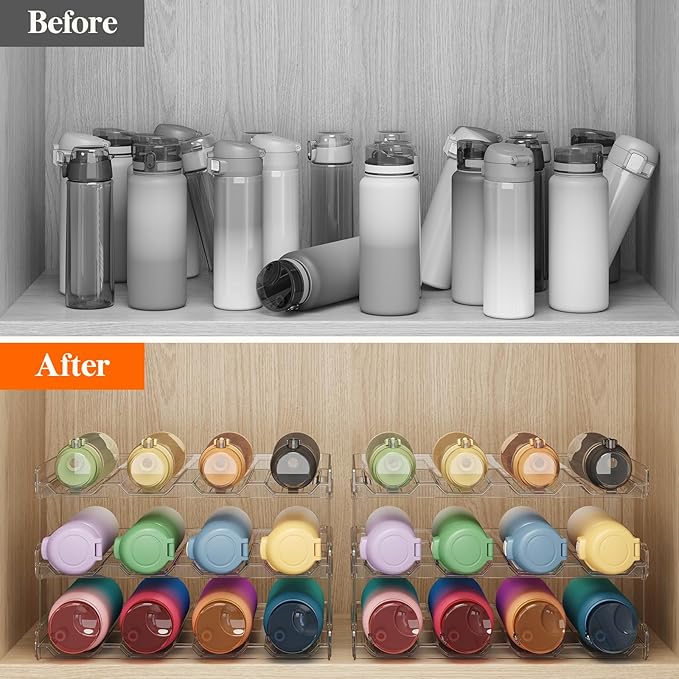 Lifewit Stackable Water Bottle Organizer for Cabinet, Plastic Bottle Holder Fits Bottles/Tumblers up to 3.8" Diameter for Pantry/Countertop, 3 Tier Holds 12 Bottles 41 x 20 x 24 cm/16" x 8" x 9.5"