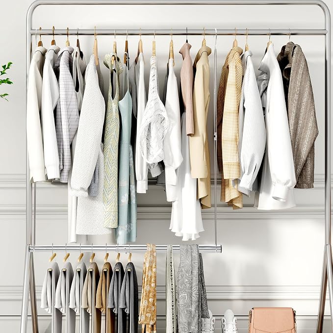 STORAGE MANIAC Hanging Closet Rod, Adjustable Width and Height Closet Hanging Organizer, Space-Saving Clothes Hanging Bar, Closet Extender Hanging Rod Double Closet Hanging Rod, 2 Pack Chrome