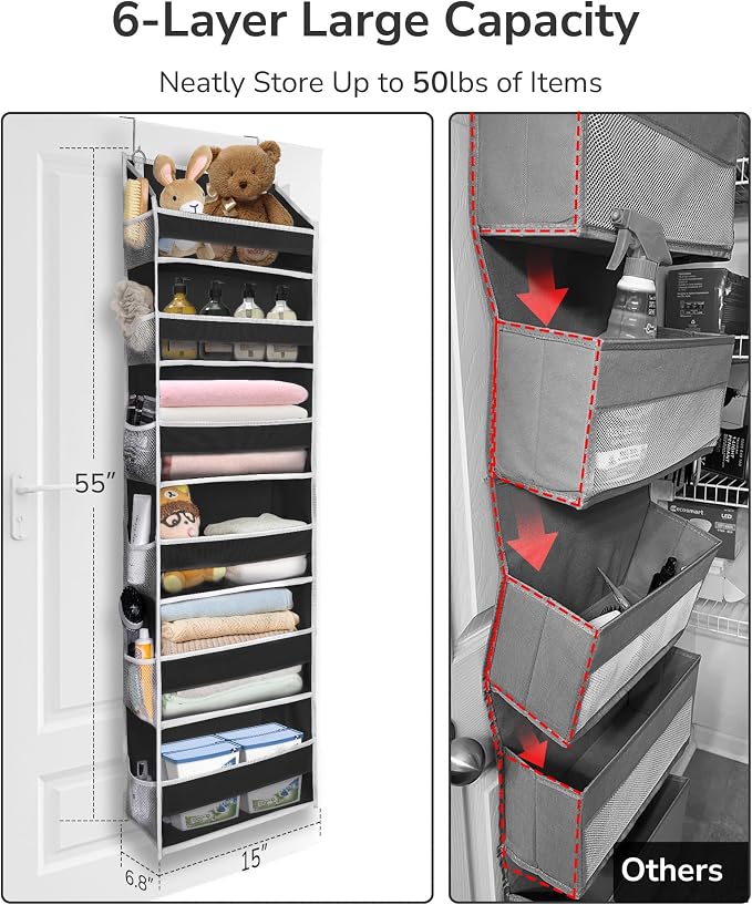 ULG Over The Door Organizer with 6 Large Pockets 12 Side Pockets, 50lbs Weight Capacity Door Hanging Organizer for Bedroom, Bathroom Black